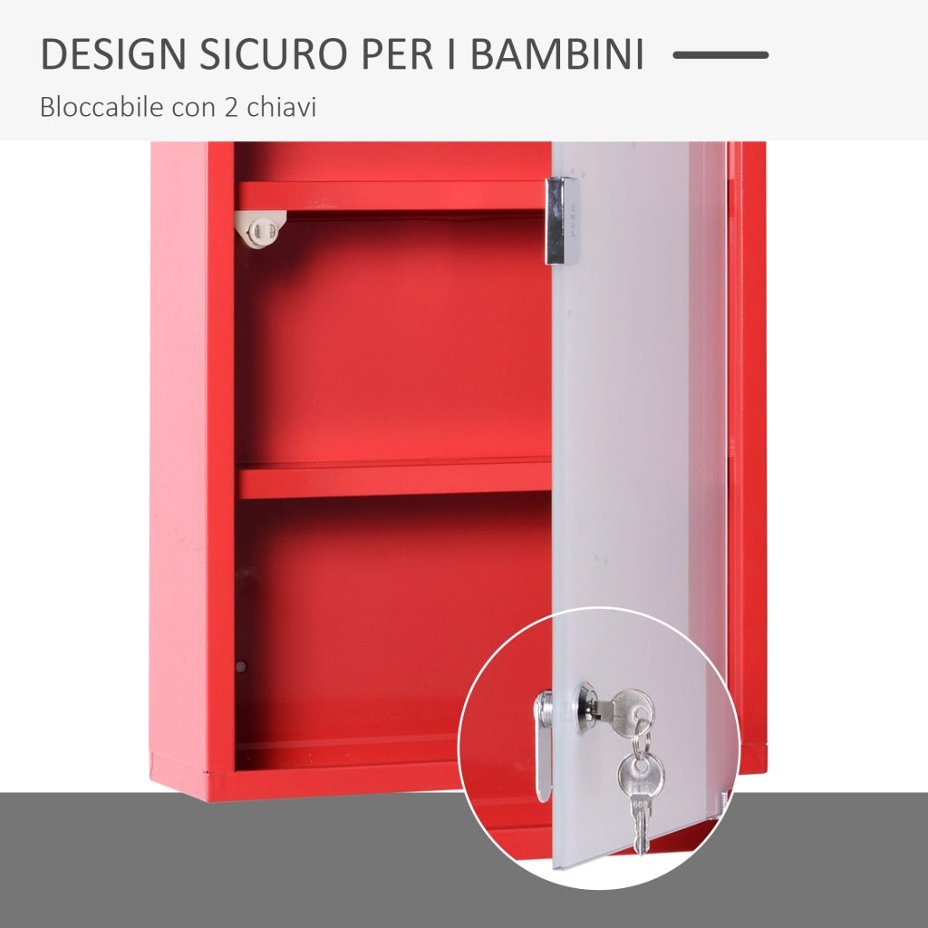Cassettiera per medicinali con 4 ripiani e porta in vetro ¨C zephmum ¨C 60x30x12cm rosso