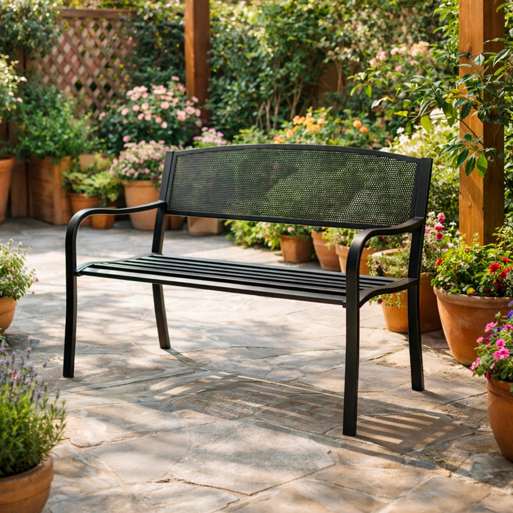 Panchina Da Giardino In Acciaio Panca Da Esterno Elegante 2-3 Posti Con Schienale Traforato E Braccioli Resistente Alle Intemperie Per Terrazzo Patio E Giardino 127 x 60 x 85 Cm Nero