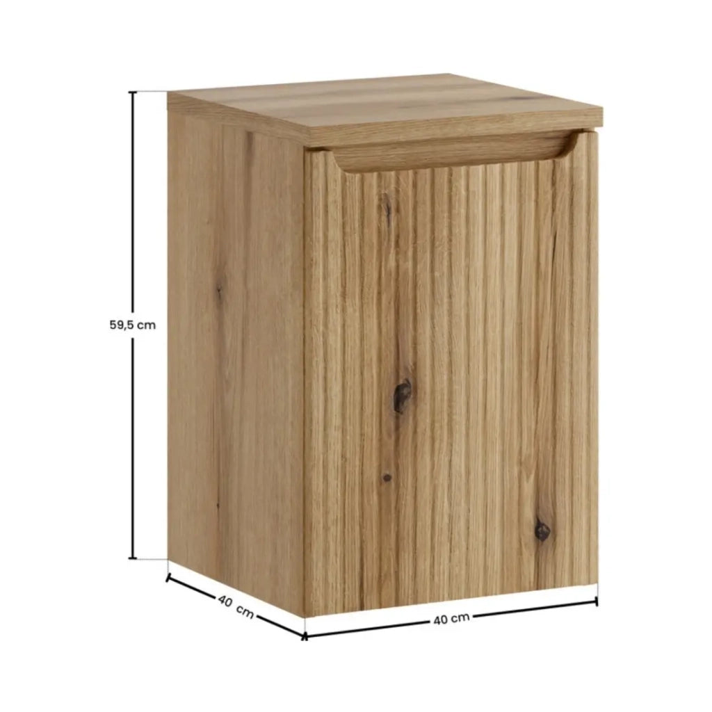 Carrello per la biancheria VANO 40 cm - mobile sospeso in rovere chiaro con anta a ribalta e ripiano