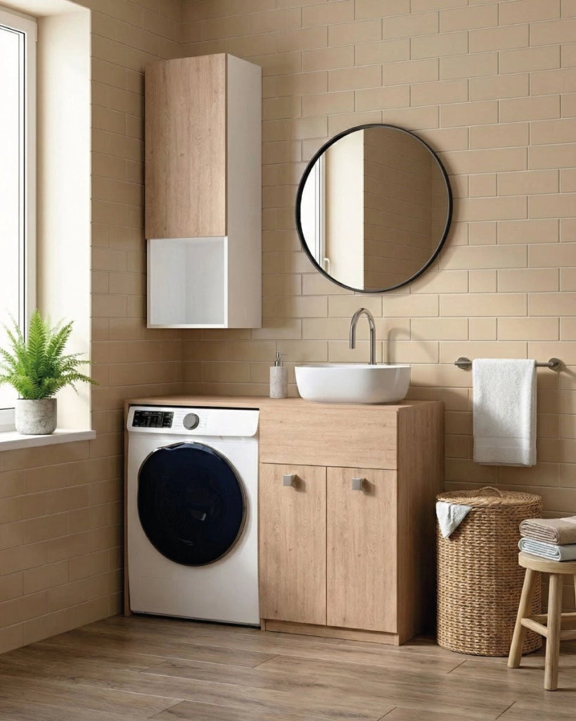Mobile coprilavatrice Sindy Sx - Contenitore salvaspazio per bagno e lavanderia - Lavatrice non inclusa - Lavandino e Pensile compresi - Virginia - 122x93x60 cm_
