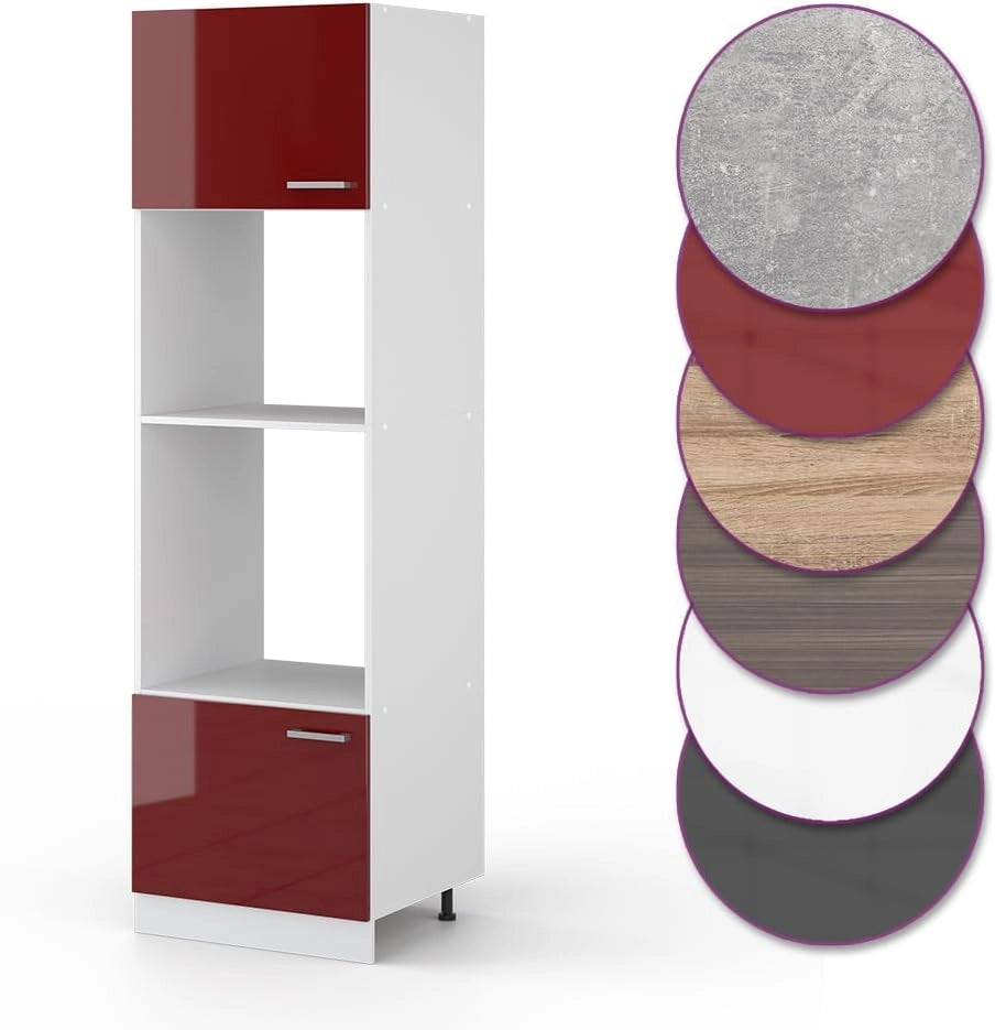 Dispensa universale R-Line, Rosso bordeaux lucido, 60 cm con ripiani e ante a giorno, per la conservazione di utensili domestici e scorte