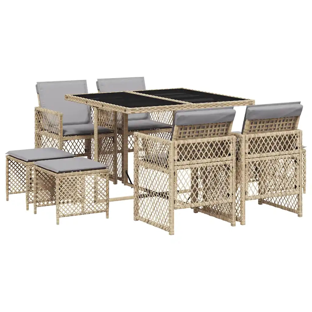 Set da Pranzo da Giardino 9 pz | Set Salotto da Giardino con Cuscini Beige in Polyrattan