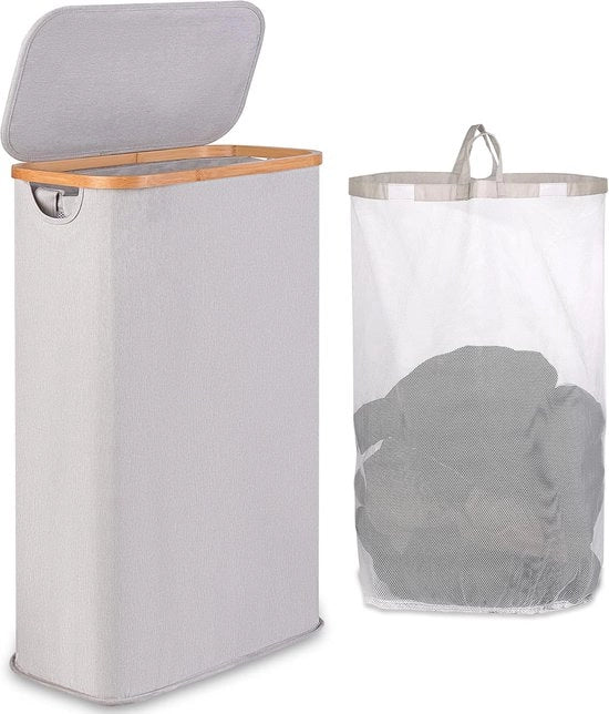 Cestello da giardino 60 l - piccolo e pieghevole - grigio chiaro - con manico di bambù