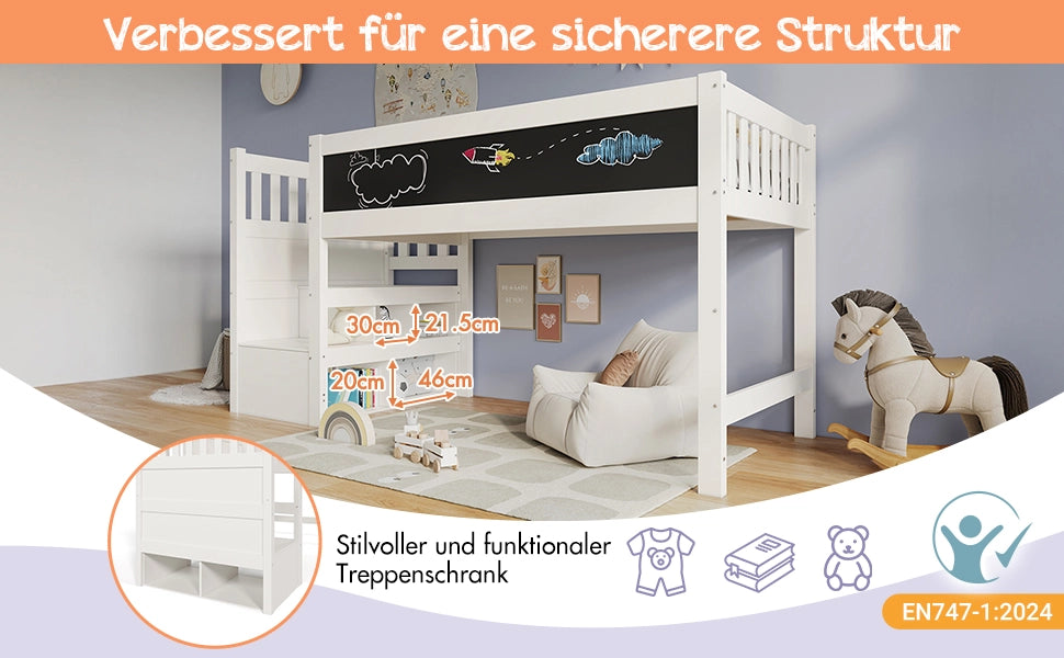 Letto a soppalco per bambini con lavagna - Zephmum- 90x200 cm, bianco, protezione anti-caduta