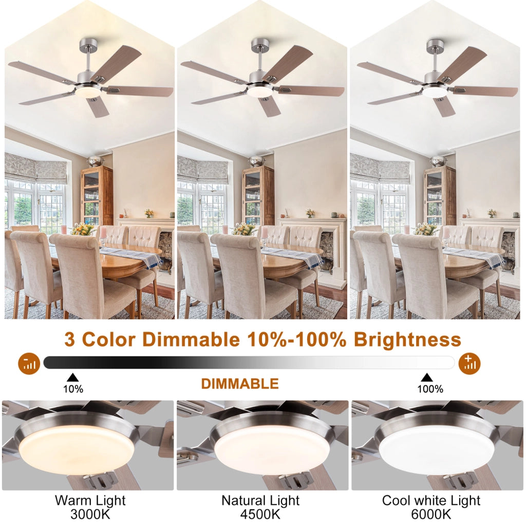 Ventilatore da soffitto con luce e telecomando, 6 velocità, dimmerabile, metallo e legno, nichel
