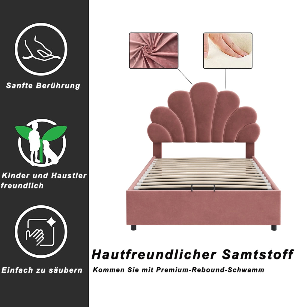 Letto imbottito 90 x 200 cm in velluto rosa con testiera floreale e contenitore idraulico