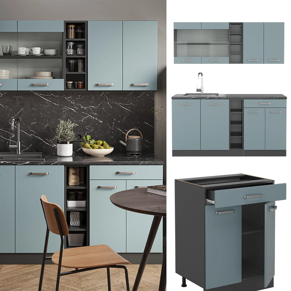 Vicco Cucina completa Blu-grigio/antracite 160 cm , PL Marmo