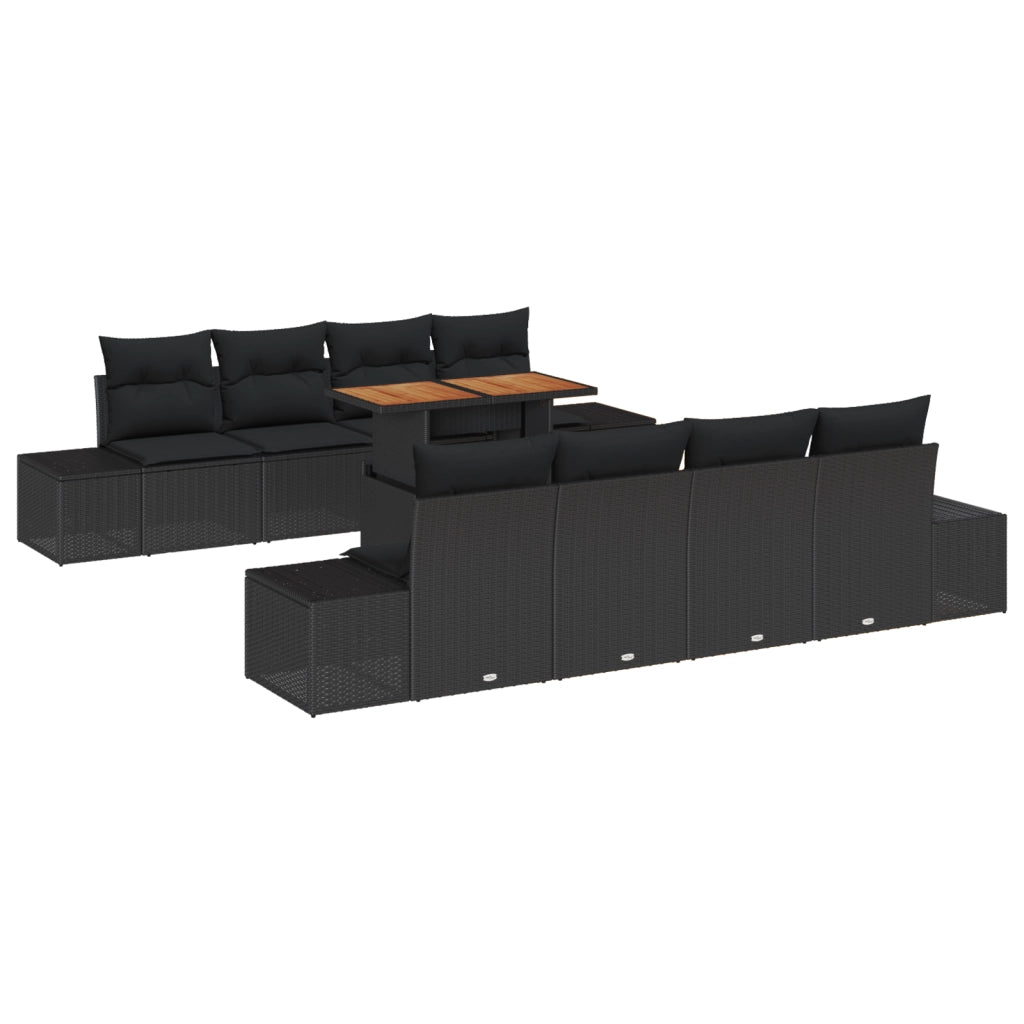 Set da pranzo da giardino a 9 pezzi con cuscini in polyrattan nero e acacia