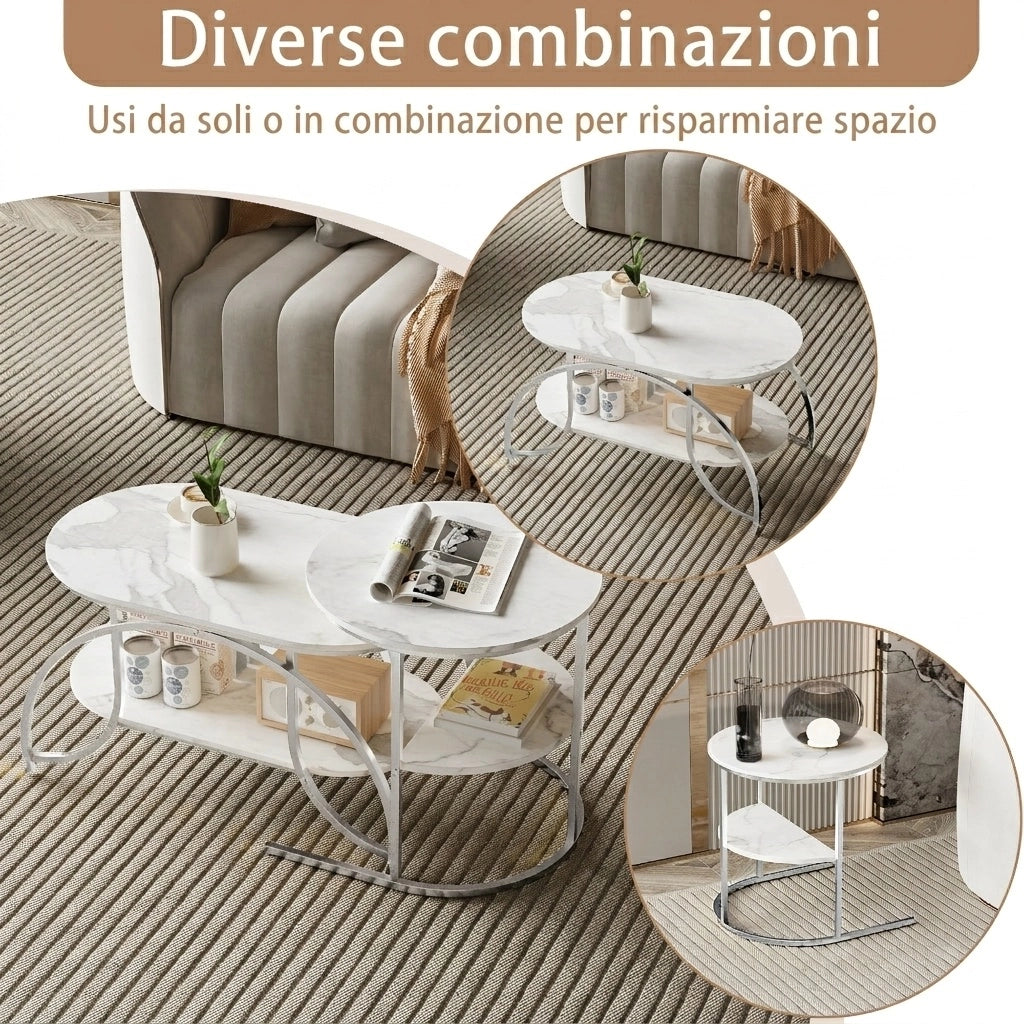 Tavolini da salotto set 2 pezzi 80x46x45 cm con contenitore pieghevoli da divano effetto marmo metallo - argento