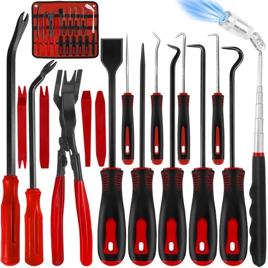 Set di ago e uncino 17 pezzi, set di pick per O-ringe, scheggiatrice, attrezzo telescopico con magneti, sollevatore, set di listelli, set di strumenti per la porta del veicolo, set di strumenti di installazione, rimuovitore di clip