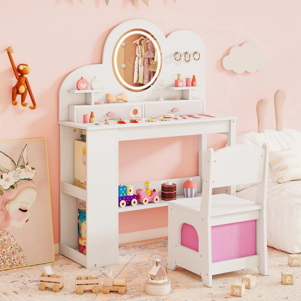 Set tavolo da trucco principessa e sedia con 2 cassetti e libreria a 2 ripiani, Toeletta per bambini con luci Bianco