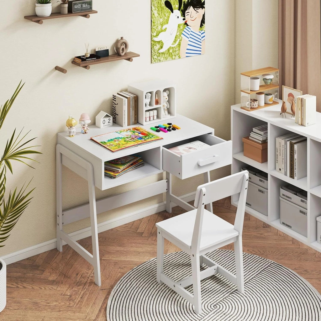 Set Tavolo e Seide per bambini in Legno, Scrivania e Sedia con Cassetto e Scomparto, Tavolino e Sedia per Cameretta, Soggiorno e Scuola (Bianco)