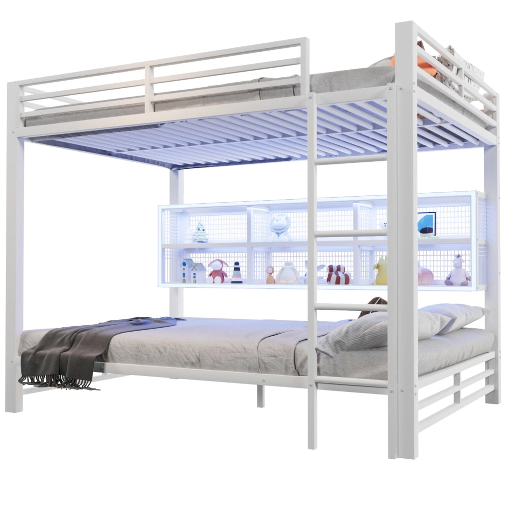 Letto a castello in metallo 140x200 cm con 6 armadietti e LED; bianco