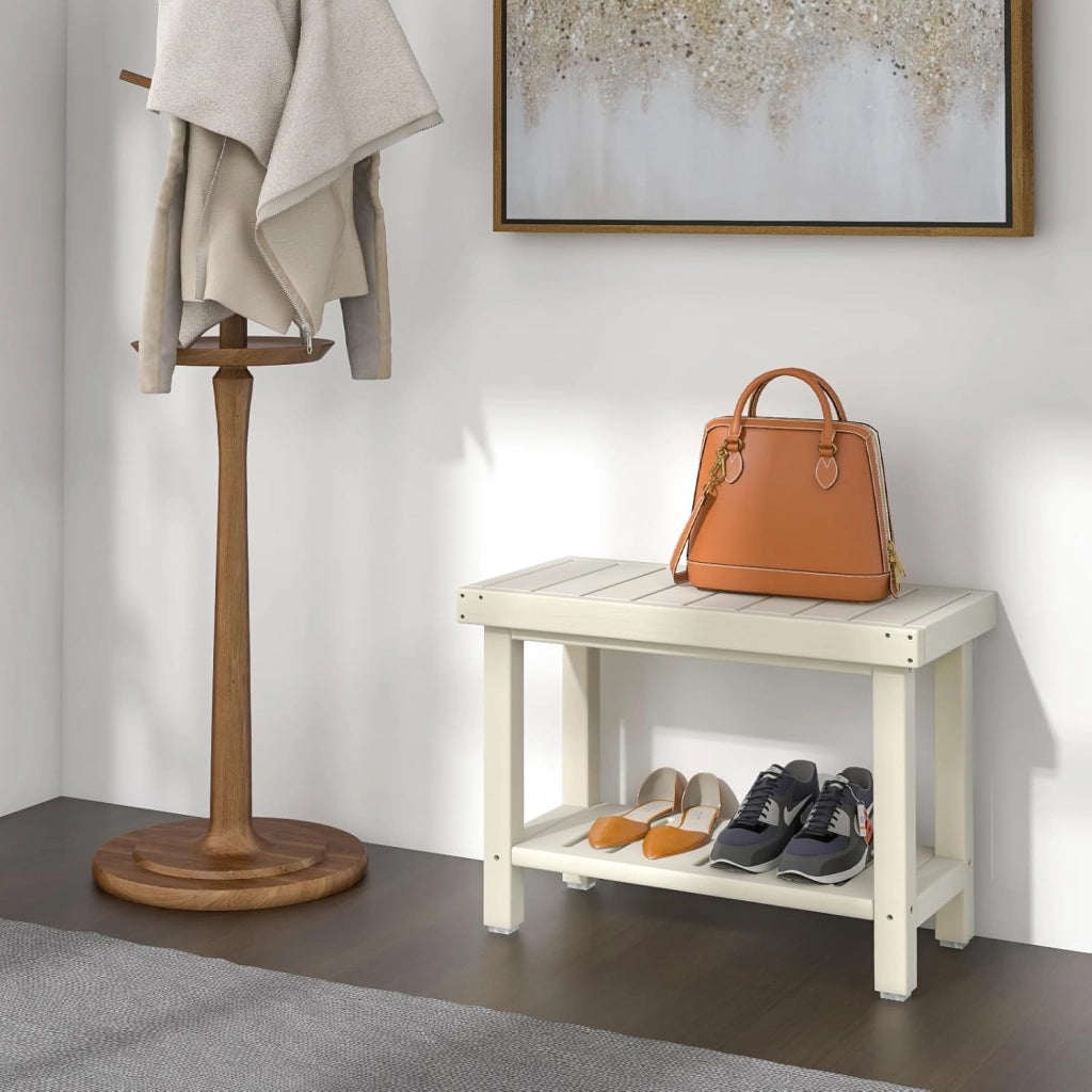 Sgabello da Doccia a 2 Livelli, Panca da Bagno Impermeabile con Piedini Antiscivoli, Design a Stecche, Sgabello Versatile con Carico 150 kg, 61 x 31 x 49 cm (Bianco)