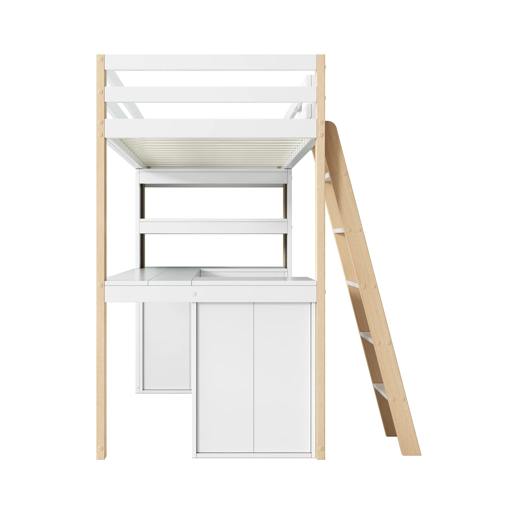 Letto a Soppalco per Bambini con Scrivania, Cassetto, Libreria e Lavagna ¨C MINIMAL ¨C Bianco/Legno 90x200