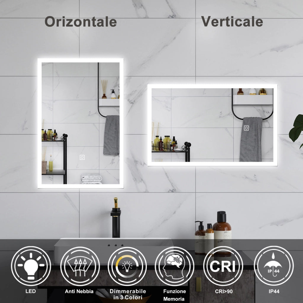 AICA Specchio da bagno  50 x 70 cm, dimmerabile, Funzione Memoria, antiappannamento, 3 colori