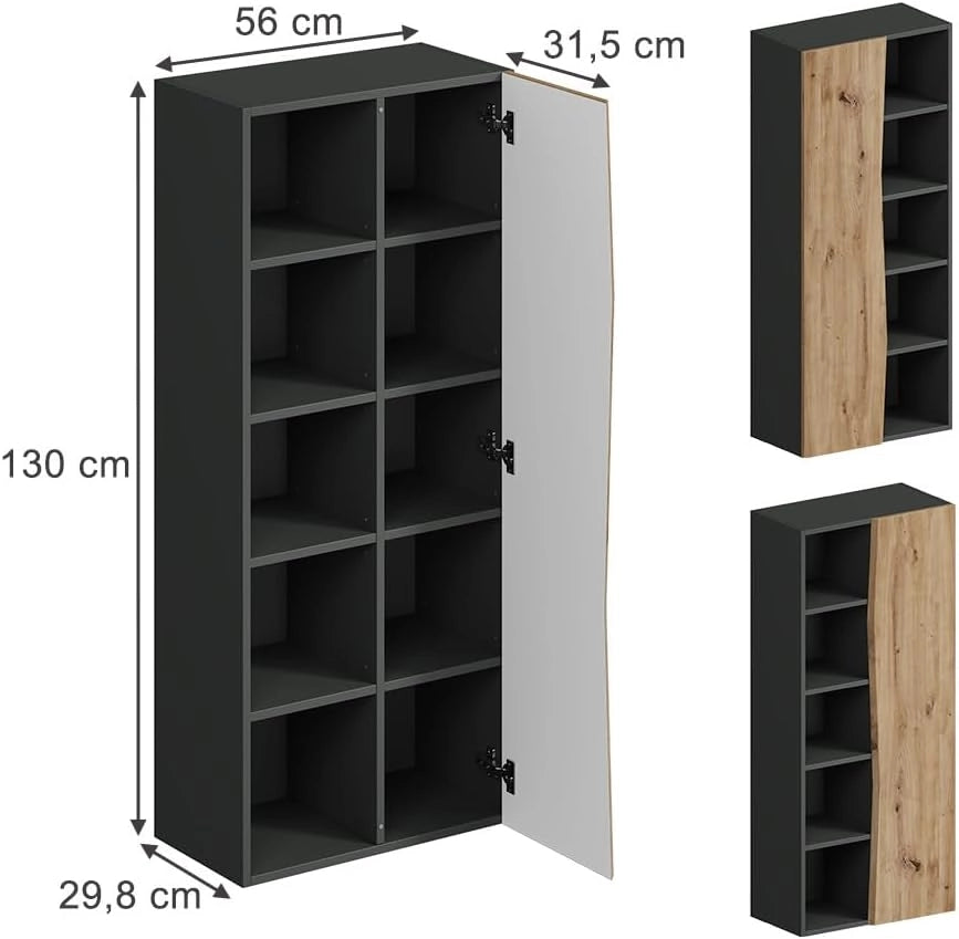 Armadio per il bagno Willow, Rovere artigianale/antracite, 56 x 130 cm con 5 scomparti aperti, adatto al montaggio a parete per diverse dimensioni di bagno