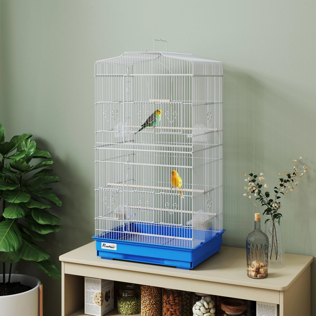 Gabbia per Uccelli ¨C Xylo ¨C Metallo Blu con 4 Mangiatoie 3 Trespoli Altalena 46,5x35,5x92 cm