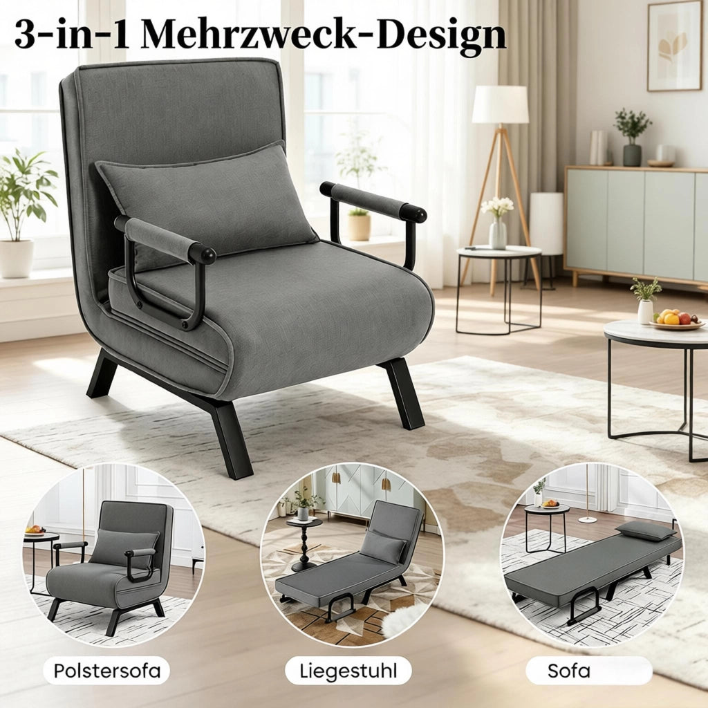 SEDIA LETTO 3 IN 1 65x78x75 cm Grigio in lino, metallo e schiuma
