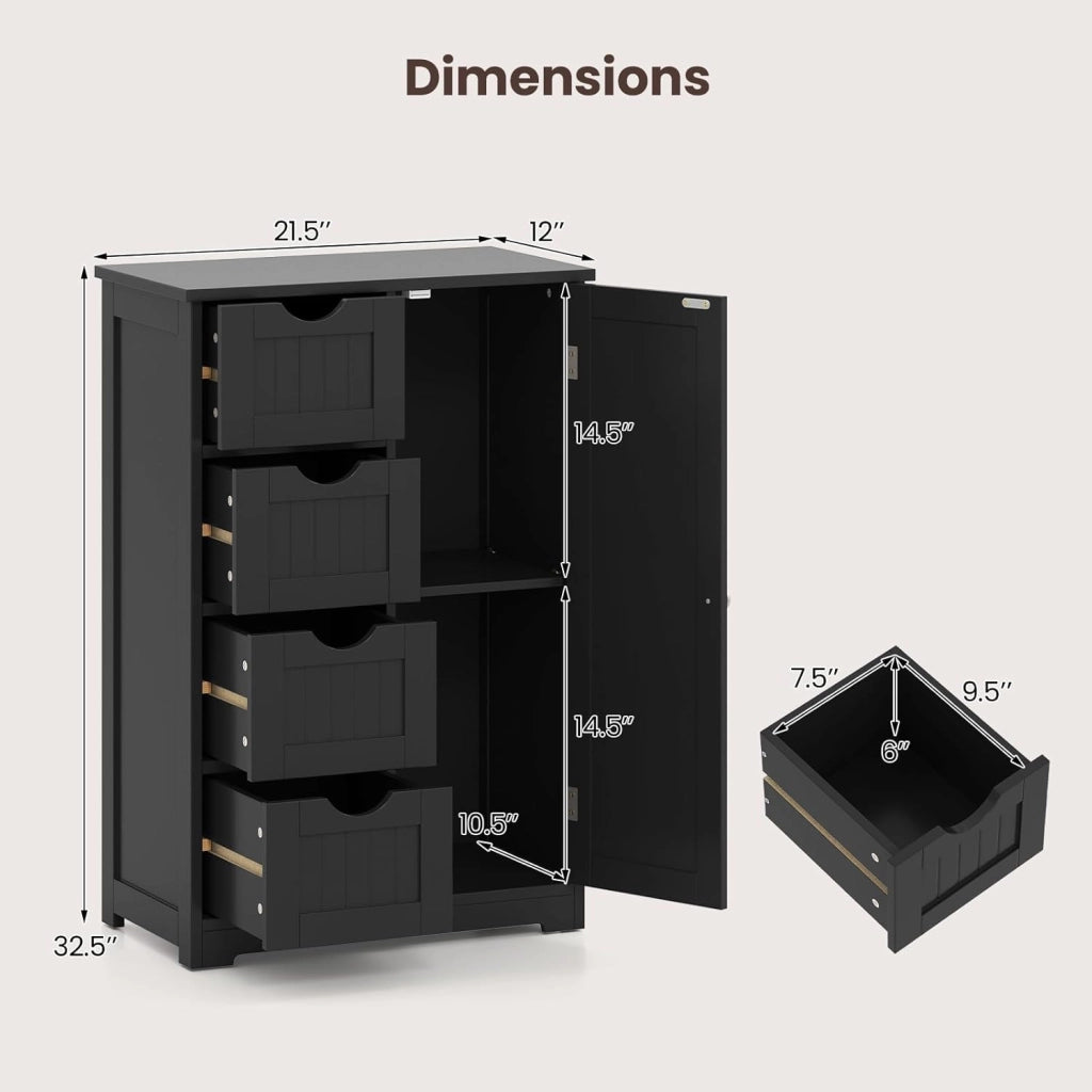 Armadietto portaoggetti da bagno con cassetti, organizer con 4 cassetti, ripiano regolabile, dispositivo anti-ribaltamento, console per ingresso, mobile da pavimento del bagno (nero)