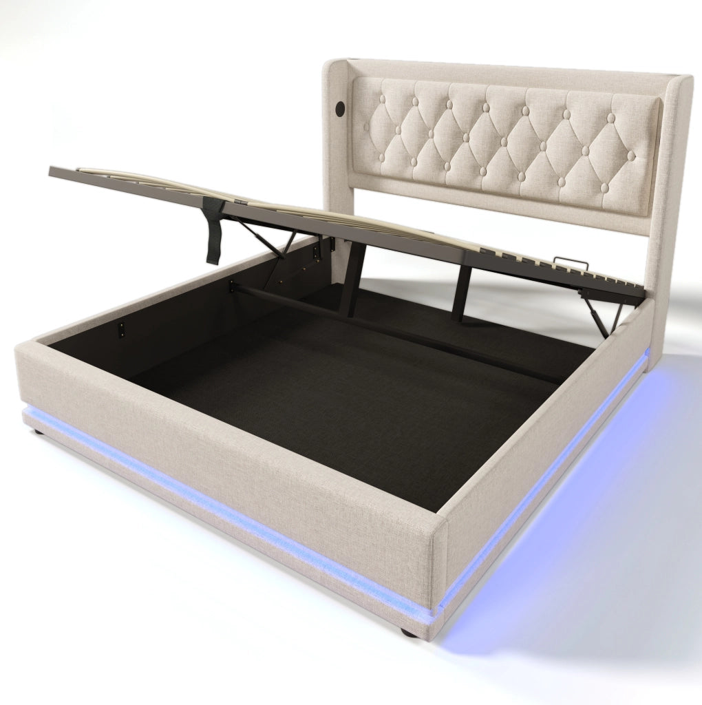 Letto contenitore ULEVR 180x200 cm in cotone beige con LED, USB e Type-C, testiera imbottita