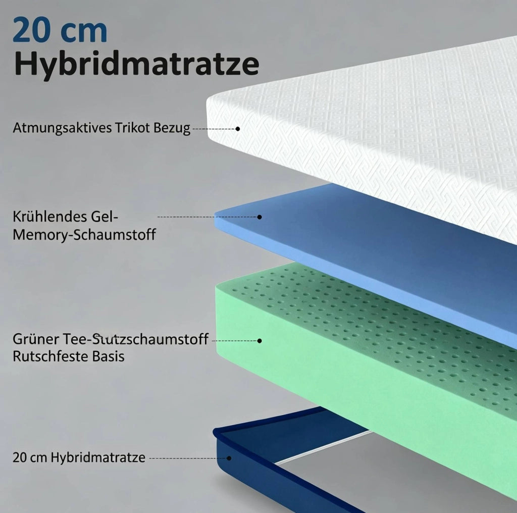 Materasso matrimoniale 140x190 cm in memory gel e schiuma al tè verde; bianco e blu-verde