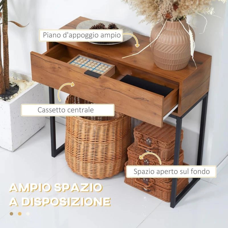 CONSOLLE DA INGRESSO MINIMAL CON CASSETTO, IN LEGNO E ACCIAIO, 80X30X76 CM, COLOR LEGNO E NERO