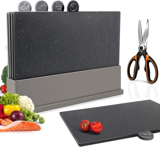 Set di taglieri in plastica con supporto di riposo, 4 taglieri in plastica, BPA-free, taglieri per cucina lavabili in lavastoviglie, 1 paio di forbici