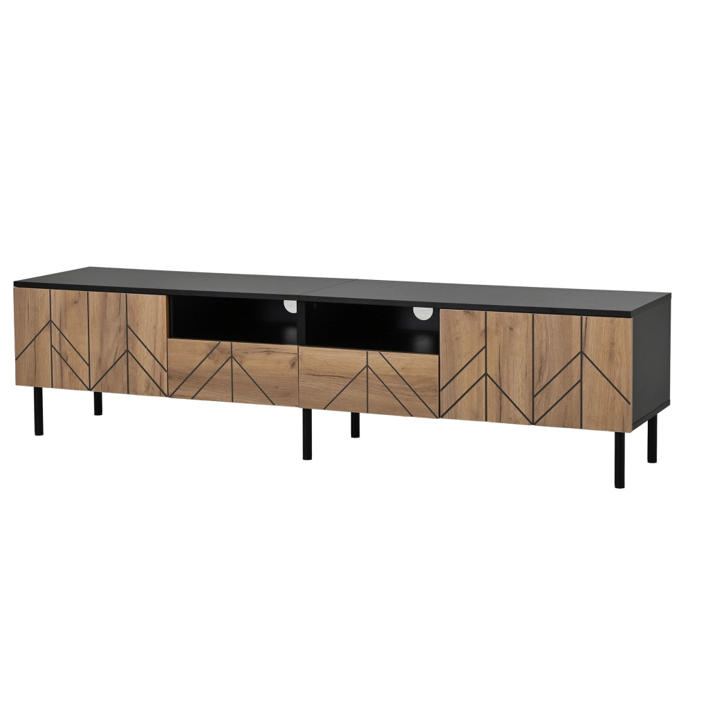 Mobile TV moderno 180x40x45 cm con 2 cassetti e 2 ante, in pannello truciolare, nero e effetto legno, portata fino a 75 kg