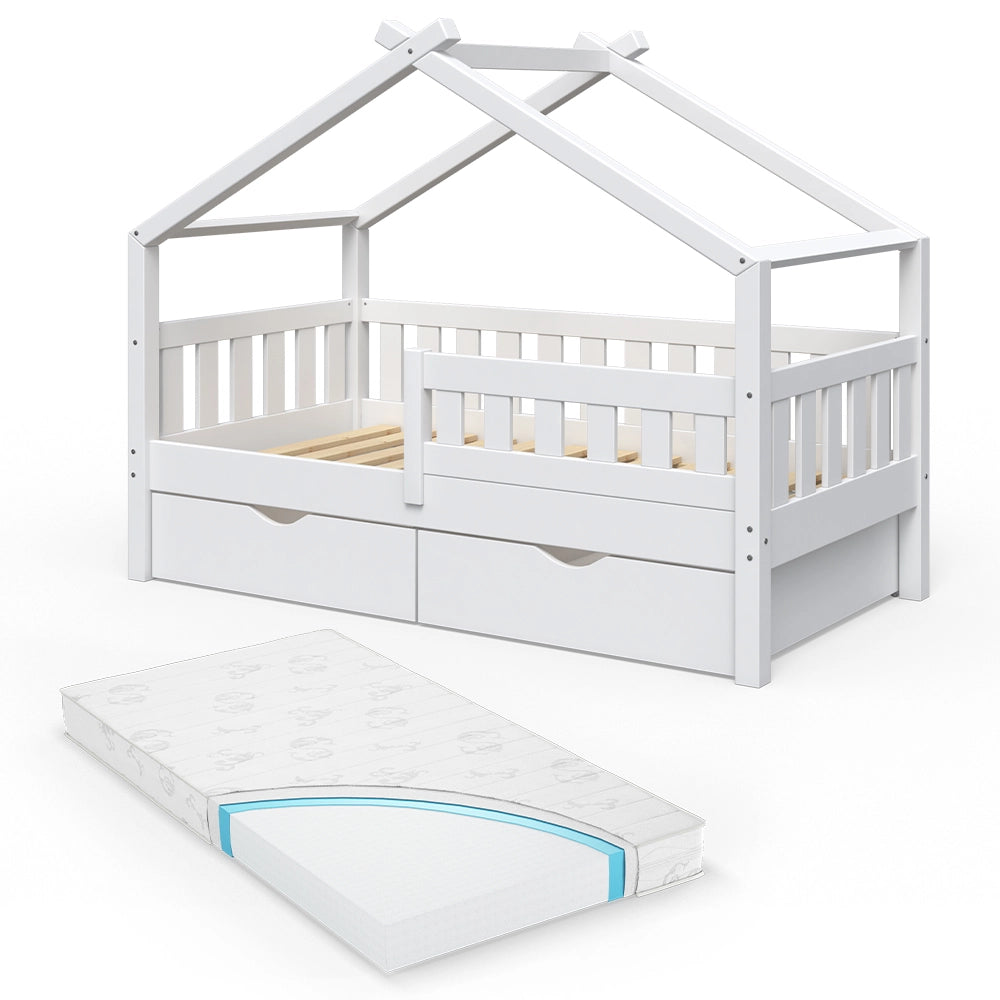 Vitalispa Letto montessori bambini Bianco 80x160 cm con 2 cassetti e materasso