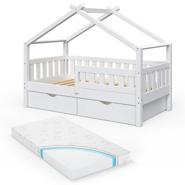Vitalispa Letto montessori bambini Bianco 80x160 cm con 2 cassetti e materasso