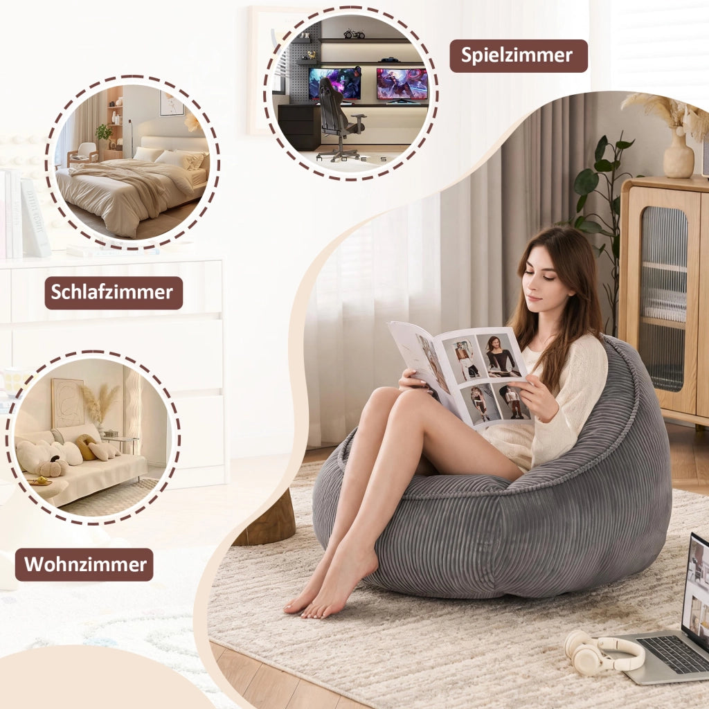 Pouf poltrona sacco con schienale ergonomico e imbottitura in schiuma viscoelastica velluto a coste grigio