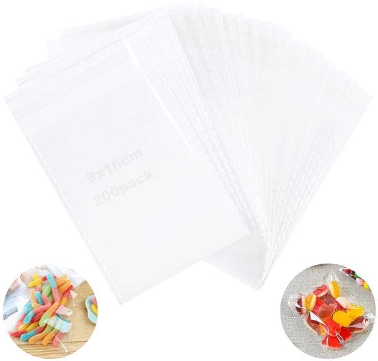 Zaketti trasparenti autoadesivi 200 pezzi - 9 x 16 cm - Ideali per materiali di fai da te