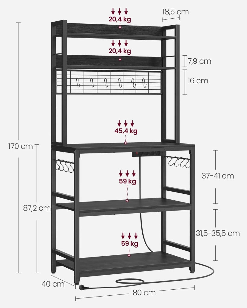 Mensola da cucina con multipresa supporto per microonde ripiano portaoggetti con pannello in rete metallica 14 ganci 40 x 80 x 170 cm nero 12_0005669
