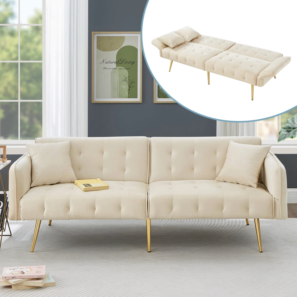OKWISH Divano Letto 2 Posti, Schienale e Braccioli Regolabili, Cuscini Inclusi, Velluto e Schiuma, Beige