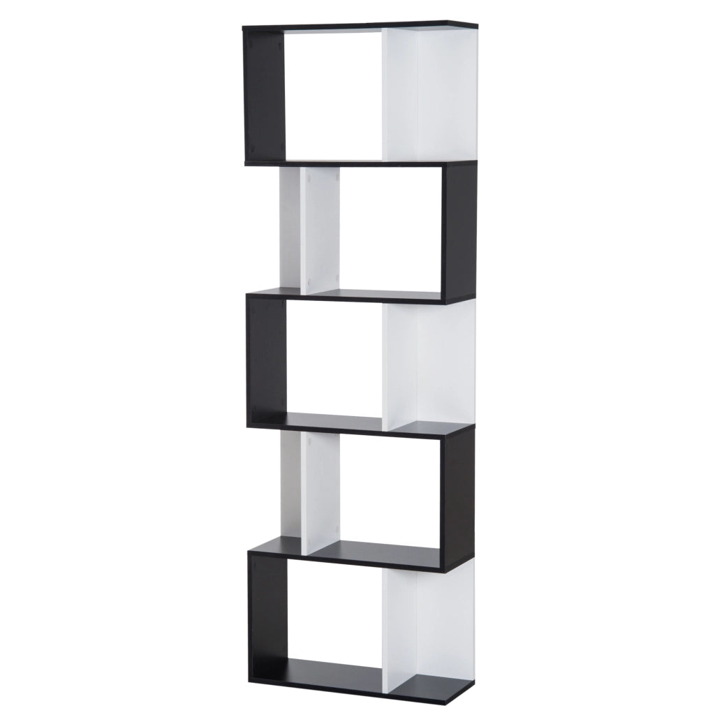 Mobile Libreria in Legno a 5 Ripiani con Divisorio, 60x24x184.5 cm, Bianco e Nero