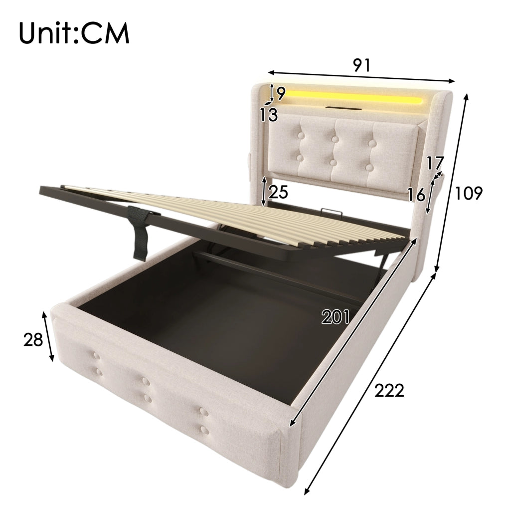 Letto matrimoniale 90x200 cm imbottito con testiera LED; prese e USB; beige in cotone-lino