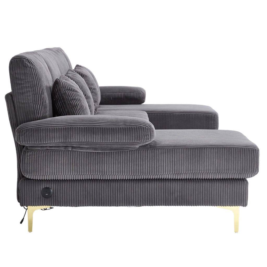 Divano U 265x135x88 cm con LED; USB e cuscini in velluto grigio