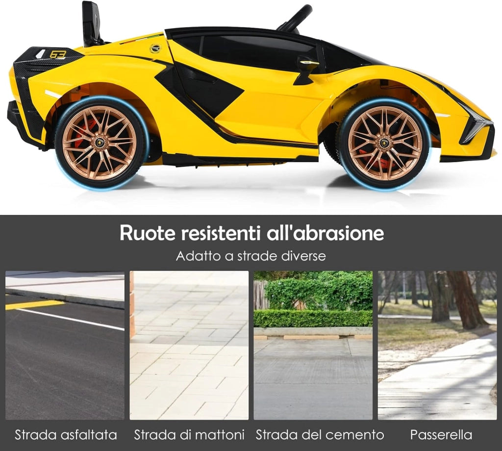 Macchina Elettrica Lamborghini per Bambini da 12V, Veicolo Elettrico Cavalcabile con Luci LED MP3 Telecomando, Fino a 5km/h, +3 Anni (Giallo)