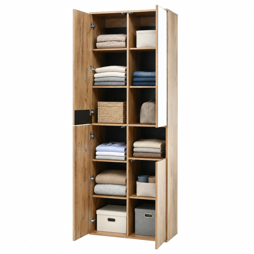 Armadio alto ULEVR 65x35x190 cm con specchio, 4 ante e vano aperto, nero e naturale