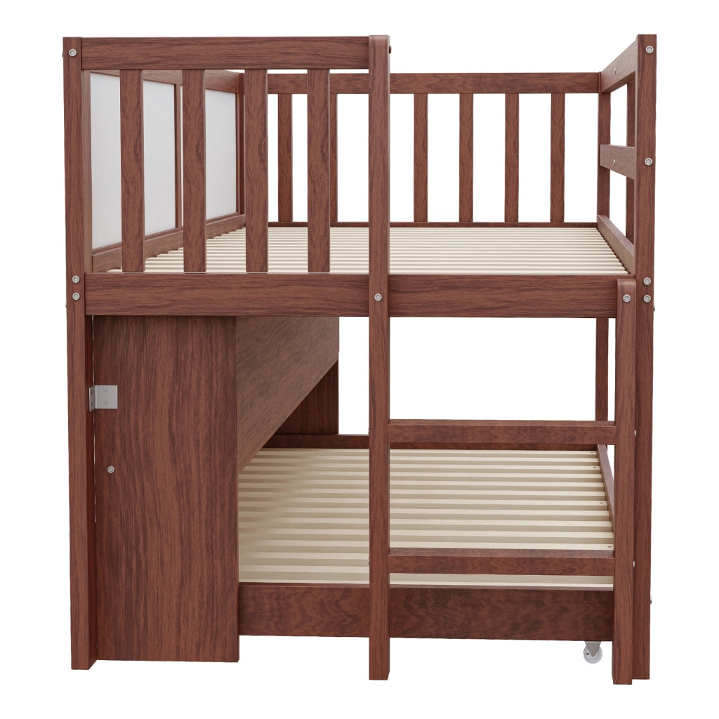 OKWISH Letto a Casetta 90×200 cm, Letto Singolo con Letto Estraibile, Lavagna, Ripiani e Scala, senza Materasso, in Legno, Marrone