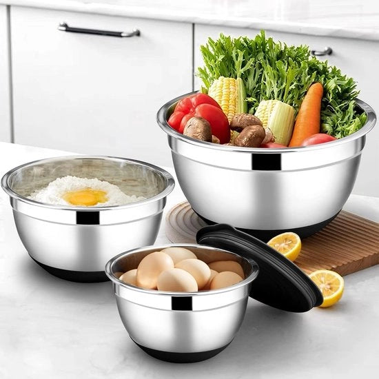 Set di 3 comuni, contenitore in acciaio inossidabile con coperchio ermetico e fondo antiscivolo, set di contenitori per cucina/preparazione, lavastoviglie resistente, 4,6 l/2,8 l/1,2 l (nero)