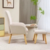 Poltrona con Poggiapiedi, con Schienale Alto, Gambe in Legno Trapuntate e Rivestimento in Lino, Beige