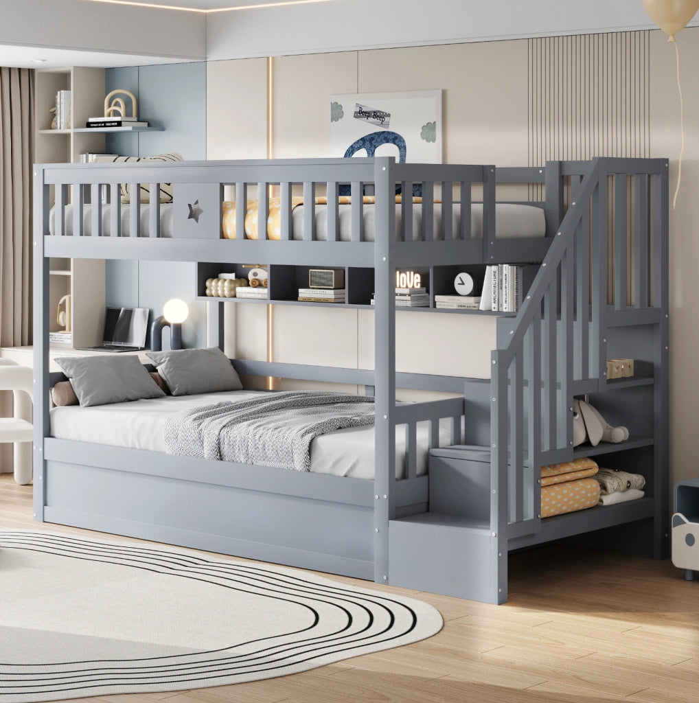 Letto a castello ULEVR 90x200 cm grigio con letto inferiore idraulico, scala contenitore e ripiani
