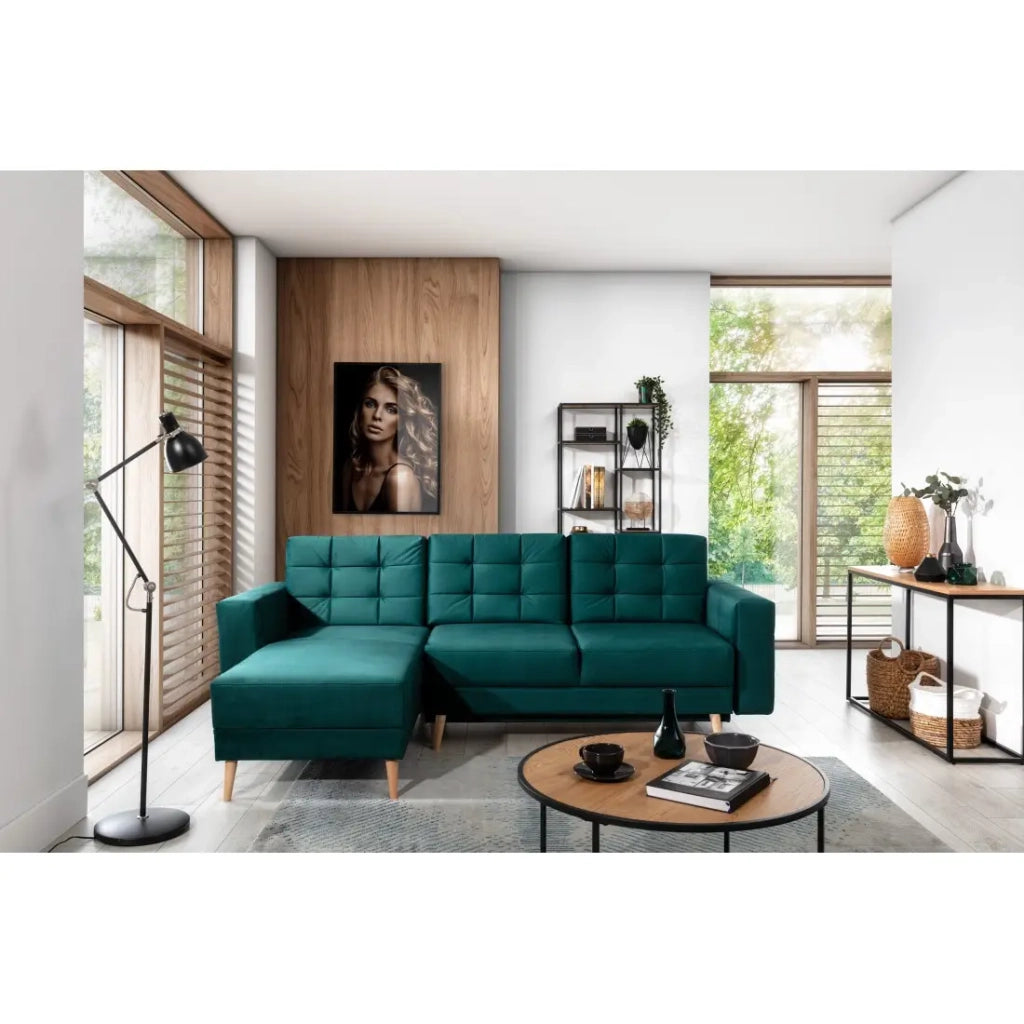 Divano letto angolare HASGARD 3 posti verde scuro 248x162 cm – con baule e piedi in legno