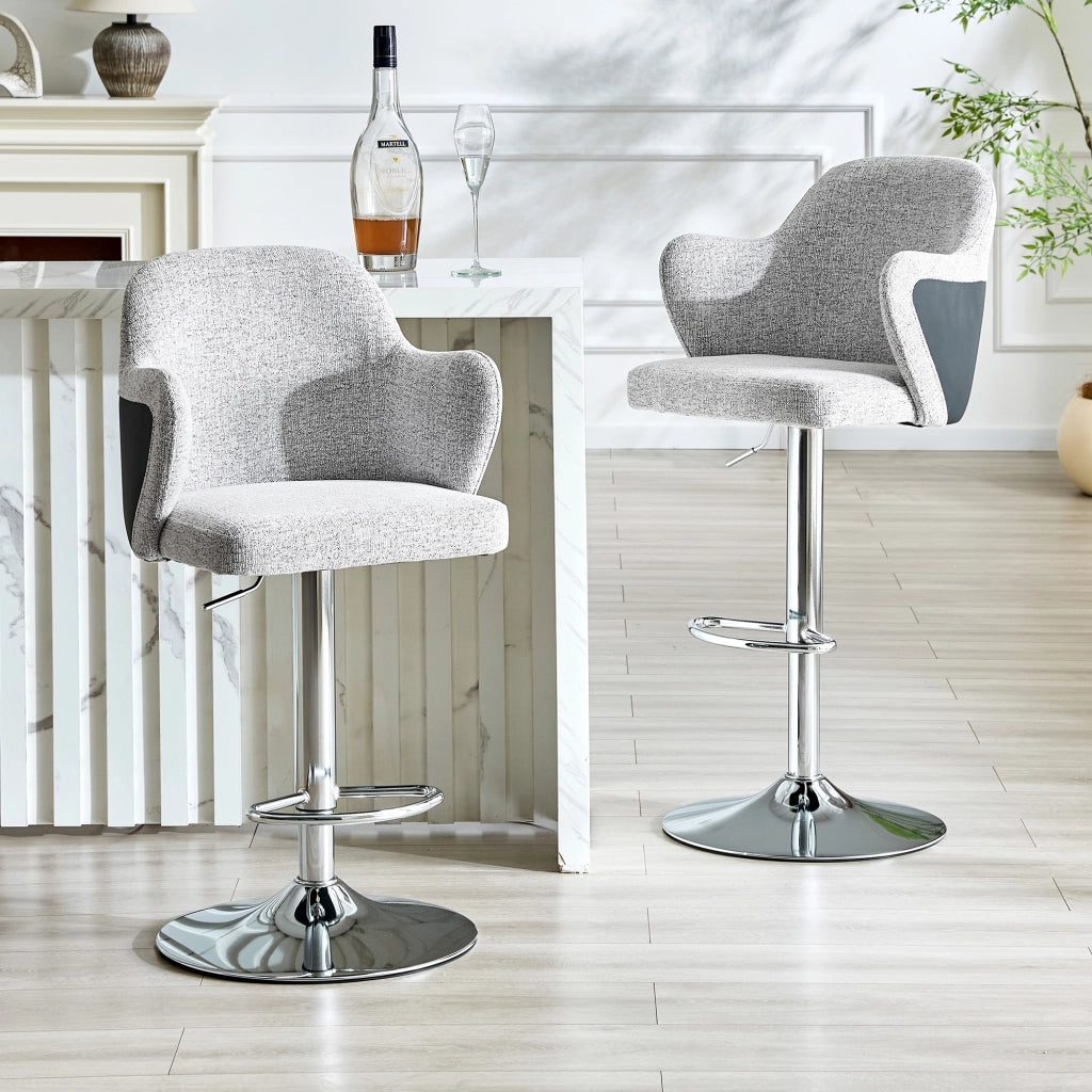 Sgabello da bar girevole e regolabile in altezza con braccioli e poggiapiedi in tessuto grigio chiaro 88 × 49 × 54,5 cm