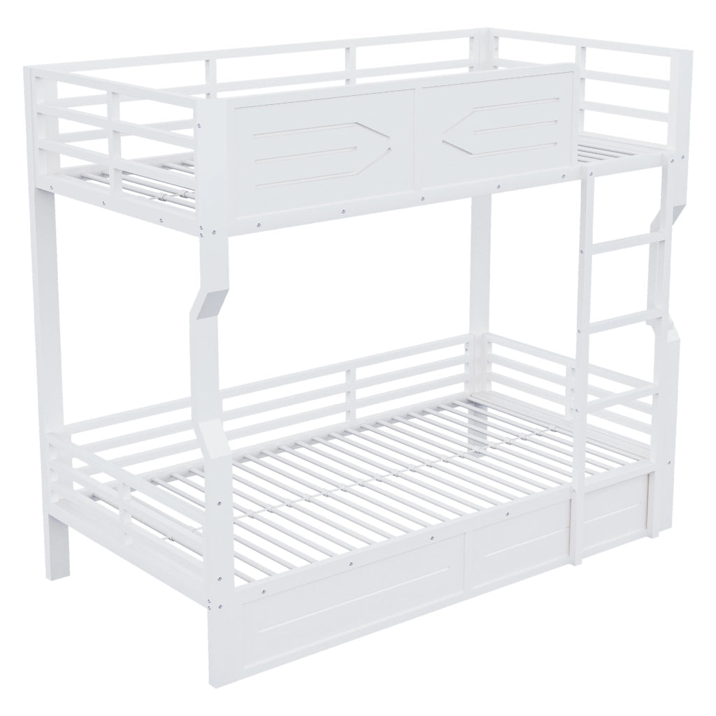 Letto a castello singolo 90×200 cm con LED; scala e sponde alte; senza materasso; metallo; bianco