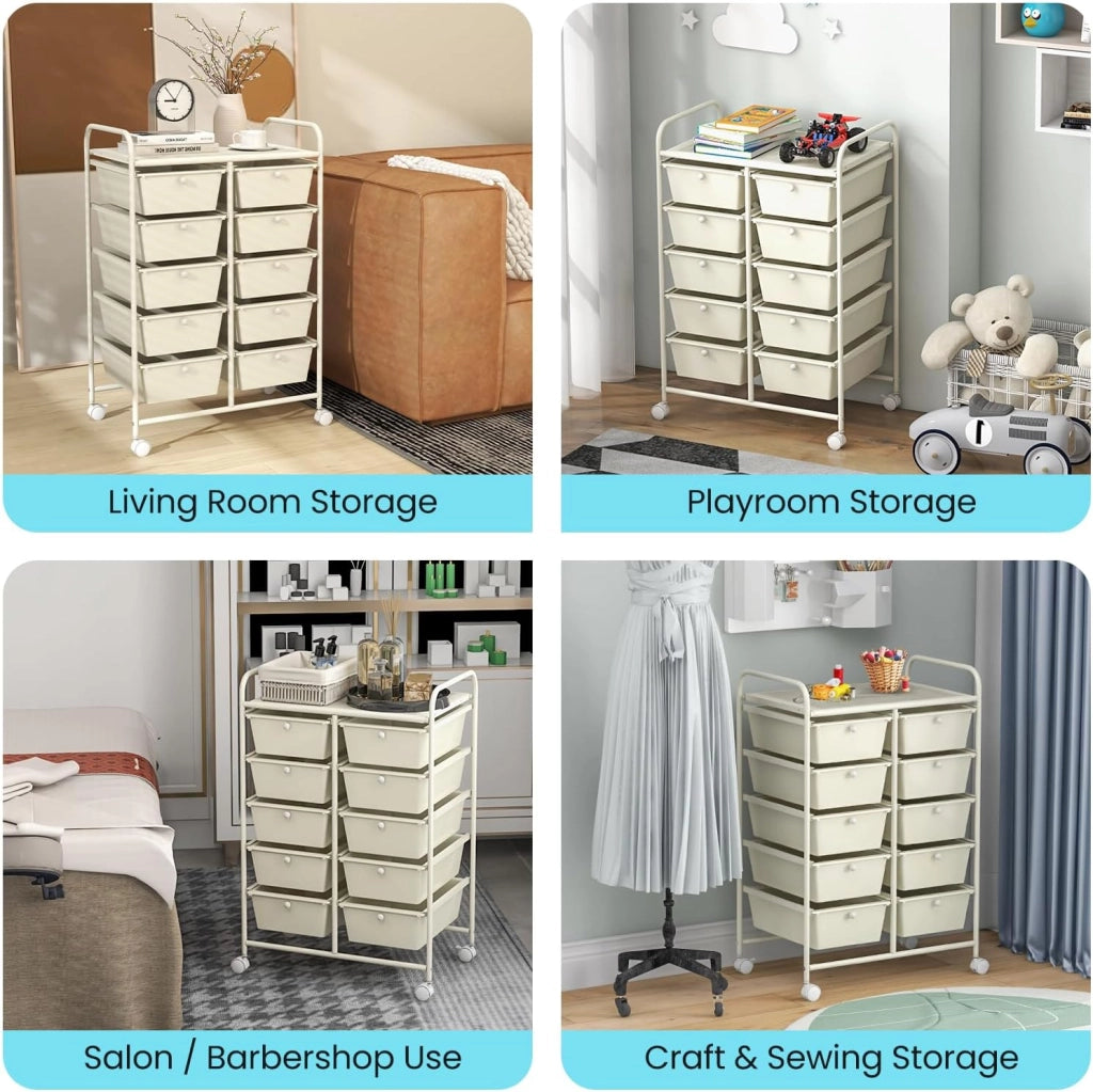 Carrello con 10 cassetti, impilabile, carrello per cassetti, carrello da cucina con ruote bloccabili, carrello per cucina, bagno, ufficio, 65,5 x 37 x 87 cm, bianco