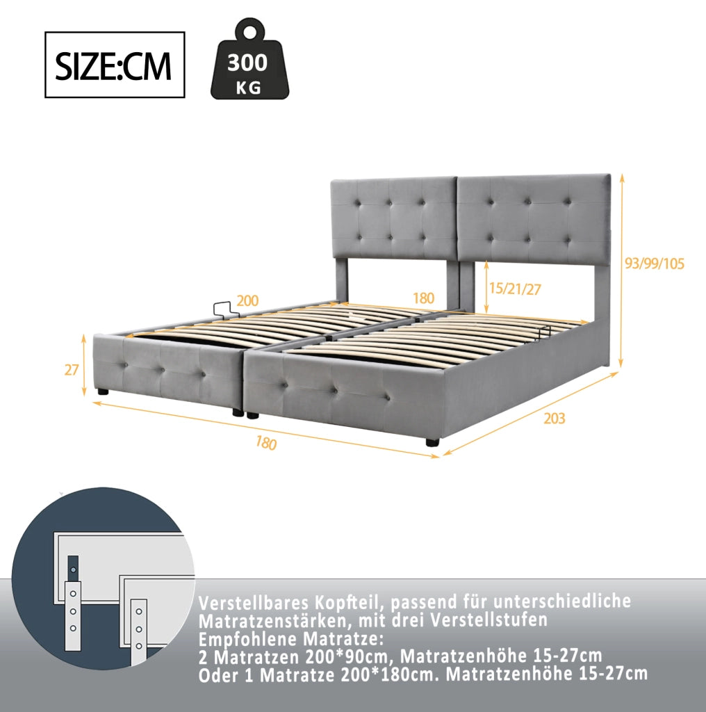 Letto imbottito 180x200 cm in velluto grigio con contenitore idraulico