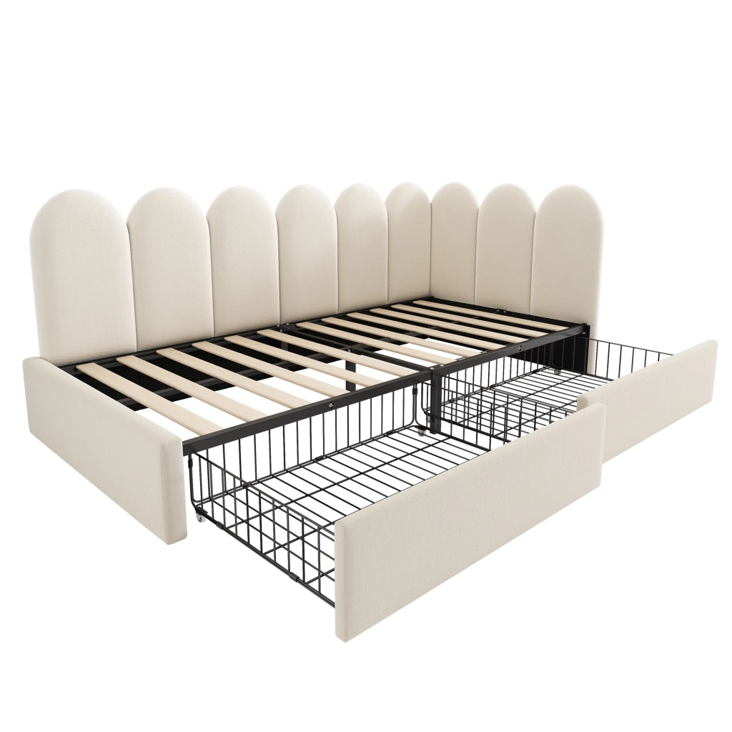 Letto imbottito singolo 90x200 cm in velluto beige con 2 cassetti, rete a doghe, struttura L e contenitore salvaspazio